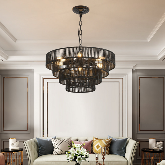 Rustic 4-Tier Black Hemp Rope Chandelier with 6 E12 Sockets, UL Listed Hardwired Pendant Light, Handmade Tiered Boho Ceiling Light Fixture for Dining Room, Kitchen, or Foyer (Bulb Not Included)