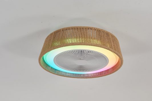 Modern Rustic Ceiling Fan Light with LED RGB Mood Lighting, Rope Woven Design, Quiet Fan, Semi Flush Mount for Bedroom, Living Room, or Dining Room