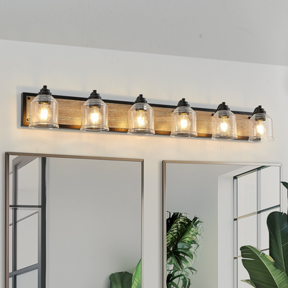 Farmhouse Vanity Light Fixture, 6-Light Bathroom Wall Sconce with Clear Seeded Glass Shades, Rustic Black Finish with Wood Backplate, Modern Industrial Design for Bathroom or Powder Room (No Bulbs)