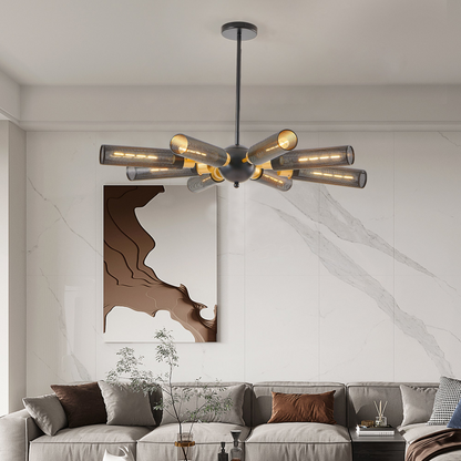 Modern Industrial Sputnik Chandelier, 8-Light Black and Gold Metal Pendant Light with Mesh Shades, E26 Base, Adjustable Height for Dining Room, Living Room, or Kitchen Island (Bulb Not Included)