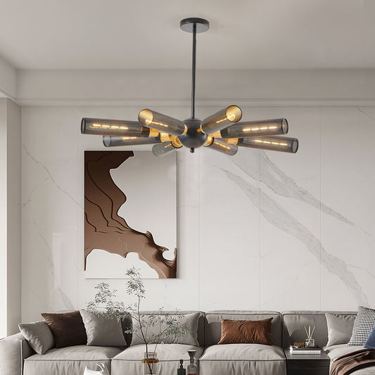 Modern Industrial Sputnik Chandelier, 8-Light Black and Gold Metal Pendant Light with Mesh Shades, E26 Base, Adjustable Height for Dining Room, Living Room, or Kitchen Island (Bulb Not Included)