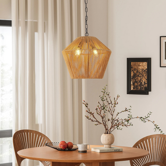 Boho Hemp Rope Pendant Light, Handcrafted Farmhouse Hanging Light Fixture for Kitchen Island, Dining Room, or Bedroom, Natural Finish, Adjustable Height (Bulb Not Included)