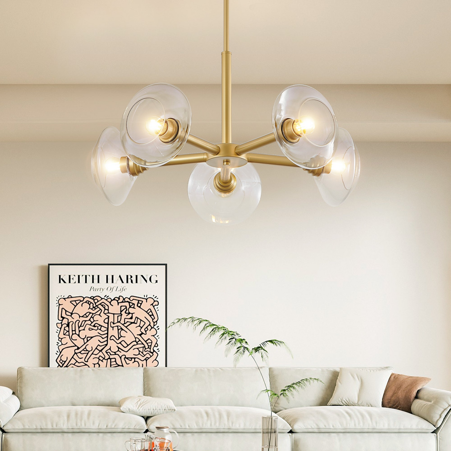 Modern Gold 5-Light Sputnik Chandelier with Clear Glass Shades, Mid-Century Hanging Pendant Light Fixture for Dining Room, Living Room, or Kitchen (Bulb Not Included)