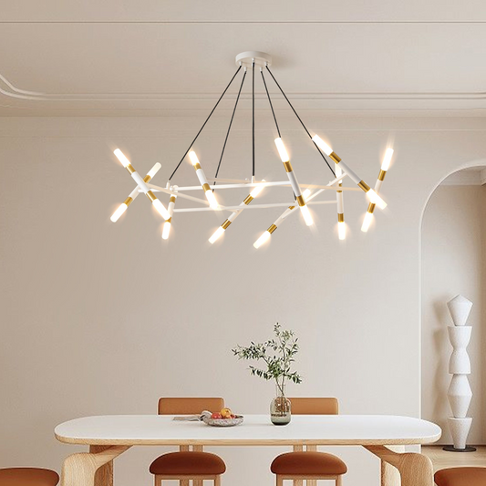 White & Golden Modern Chandelier Light Fixture, Branch Design with Frosted Tubes, Black Cords, Adjustable Height Pendant Light for Dining Room, Living Room, or Kitchen Island (Bulb Not Included)