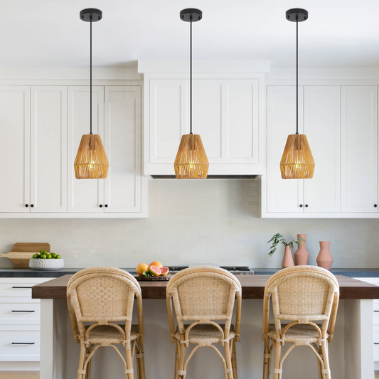 Set of 3 Rustic Hemp Rope Pendant Light, Handcrafted Farmhouse Hanging Light Fixture, Adjustable Height Ceiling Lamp for Kitchen Island, Dining Room, or Living Room, Natural Woven Design (No Bulb)