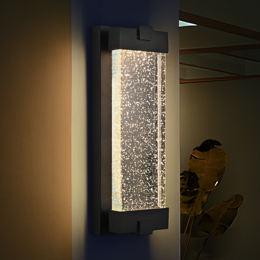 Black Aluminum Finish Outdoor Wall Light with Bubble Crystal Glass, LED Light Source, 3000K Warm Light, Weatherproof Exterior Sconce for Patio, Porch, or Garage (1-pack)