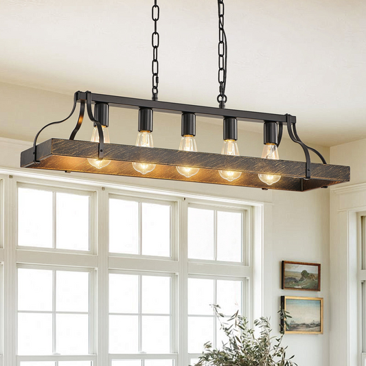 33.7-Inch Black and Gold Vintage Pendant Light, 5 E26 Bulb Sockets, Adjustable Chain Height – Antique Style Chandelier for Dining Room, Kitchen, or Living Room (Bulb Not Included)