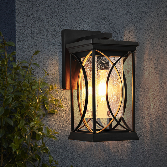 1-pack Black Outdoor Wall Lantern with Crackled Glass, Weather-Resistant Exterior Light Fixture for Porch, Patio, and Entryway, Modern Decorative Wall Sconce with E26 Base (Bulb Not Included)
