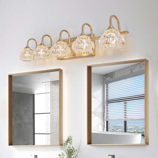 Modern Crystal Bathroom Vanity Light, 5-Light Golden Wall Sconce with Clear Glass Shade, Elegant Wall Mount Lighting for Bathroom, Powder Room, or Vanity Mirror (No Bulbs)