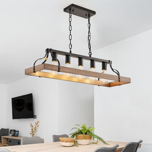 33.7-Inch Black and Faux Wood Grain Pendant Light, 5 E26 Bulb Sockets, Adjustable Chain Height – Modern Farmhouse Chandelier for Dining Room, Kitchen, or Living Room (Bulb Not Included)