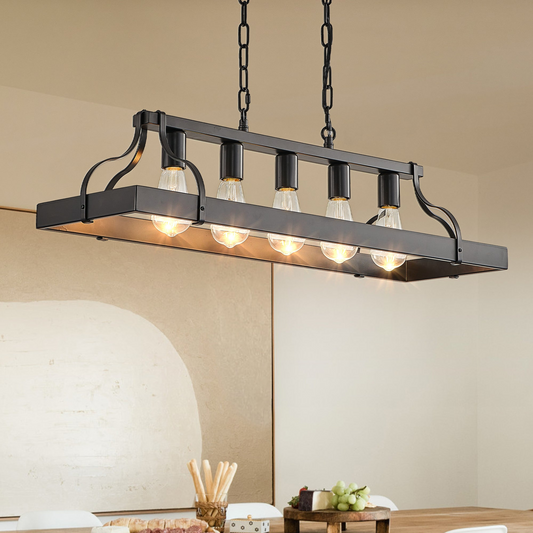 33.7-Inch Black Industrial Pendant Light with 5 E26 Bulb Sockets, Adjustable Chain Height – Modern Farmhouse Linear Chandelier for Dining Room, Kitchen Island, or Living Room (Bulb Not Included)