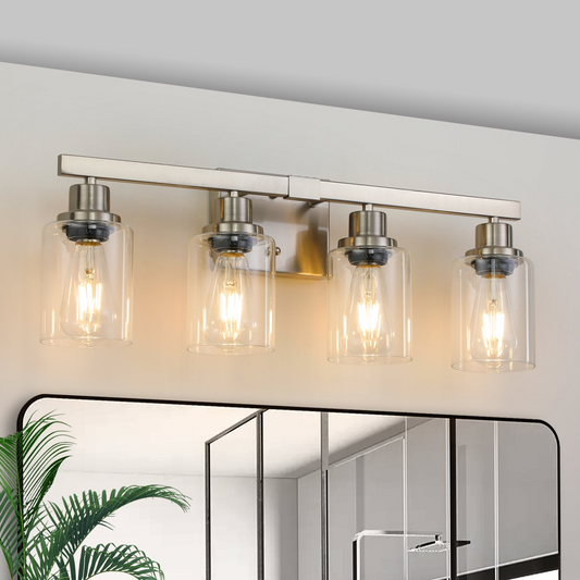 Modern 4-Light Bathroom Vanity Light Fixture - Brushed Nickel Finish with Clear Glass Shades, Perfect for Bathroom, Vanity, and Dressing Area Lighting (No Bulbs)
