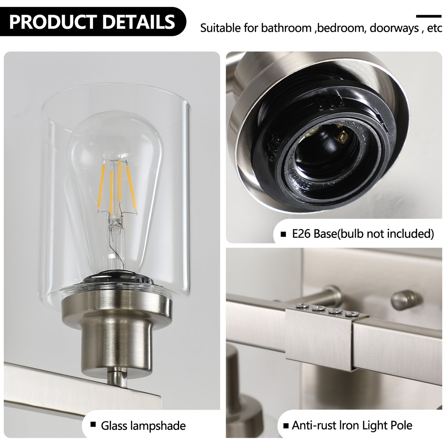 Modern 4-Light Bathroom Vanity Light Fixture - Brushed Nickel Finish with Clear Glass Shades, Perfect for Bathroom, Vanity, and Dressing Area Lighting (No Bulbs)