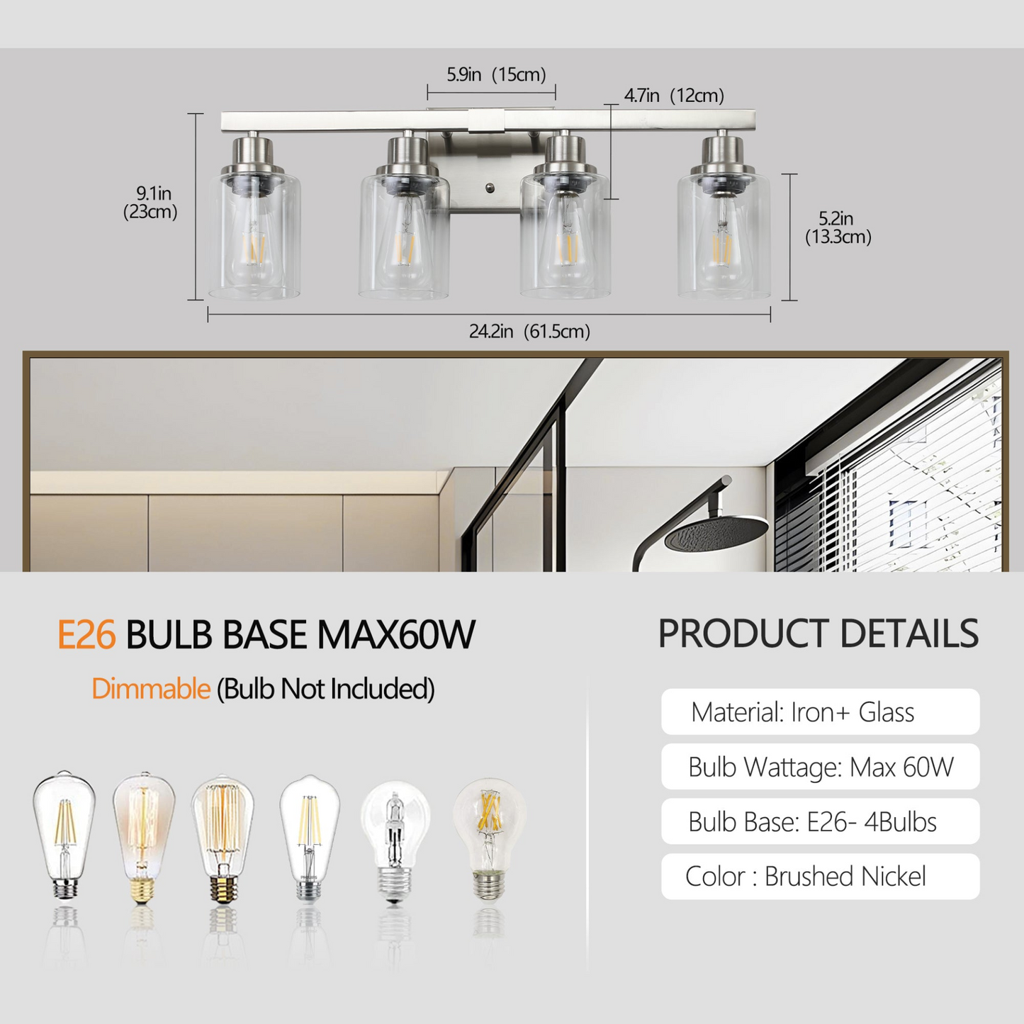 Modern 4-Light Bathroom Vanity Light Fixture - Brushed Nickel Finish with Clear Glass Shades, Perfect for Bathroom, Vanity, and Dressing Area Lighting (No Bulbs)