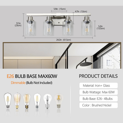 Modern 4-Light Bathroom Vanity Light Fixture - Brushed Nickel Finish with Clear Glass Shades, Perfect for Bathroom, Vanity, and Dressing Area Lighting (No Bulbs)