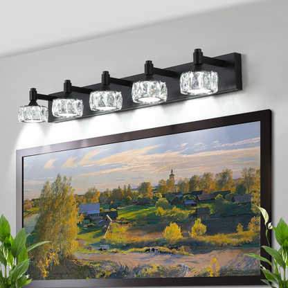 Modern 5-Light Matte Black LED Vanity Light Fixture with Crystal Glass Shades, Bathroom Wall Sconce for Elegant and Contemporary Home Decor