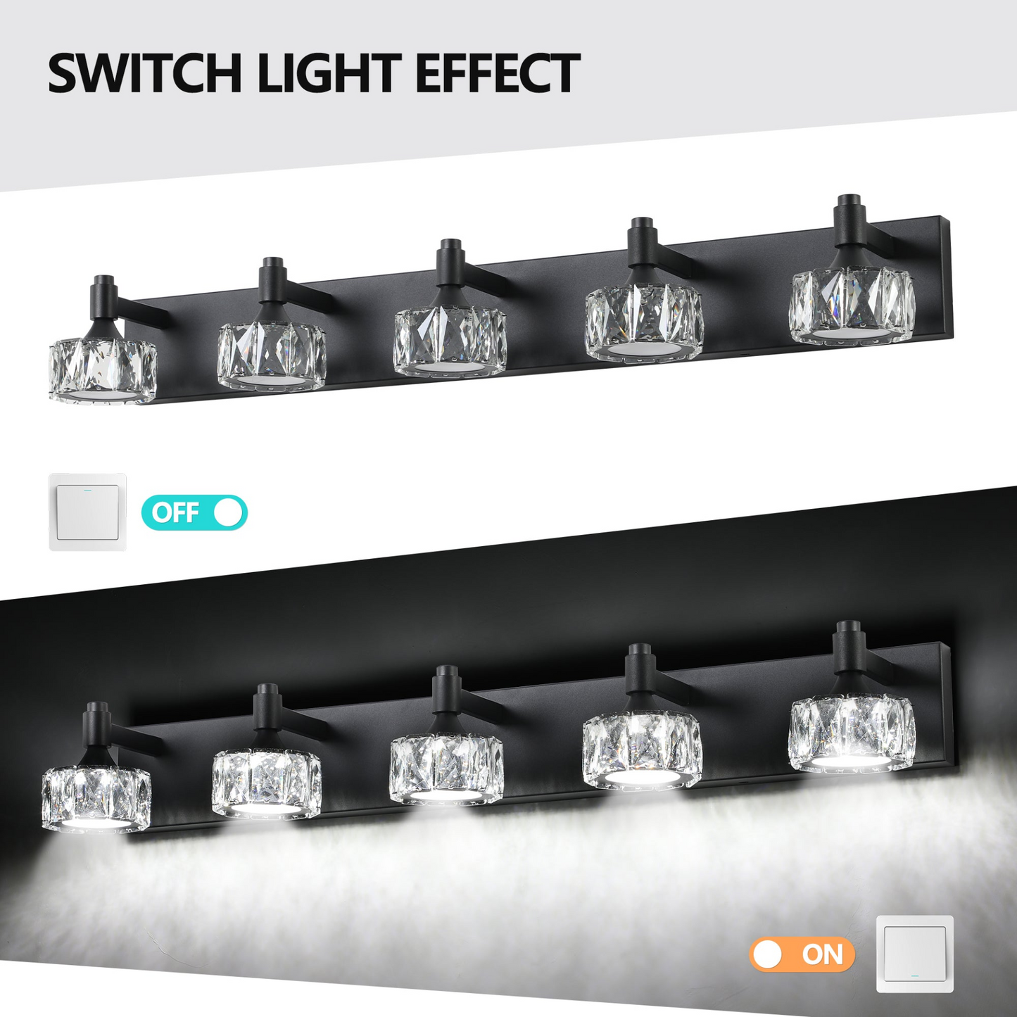 Modern 5-Light Matte Black LED Vanity Light Fixture with Crystal Glass Shades, Bathroom Wall Sconce for Elegant and Contemporary Home Decor