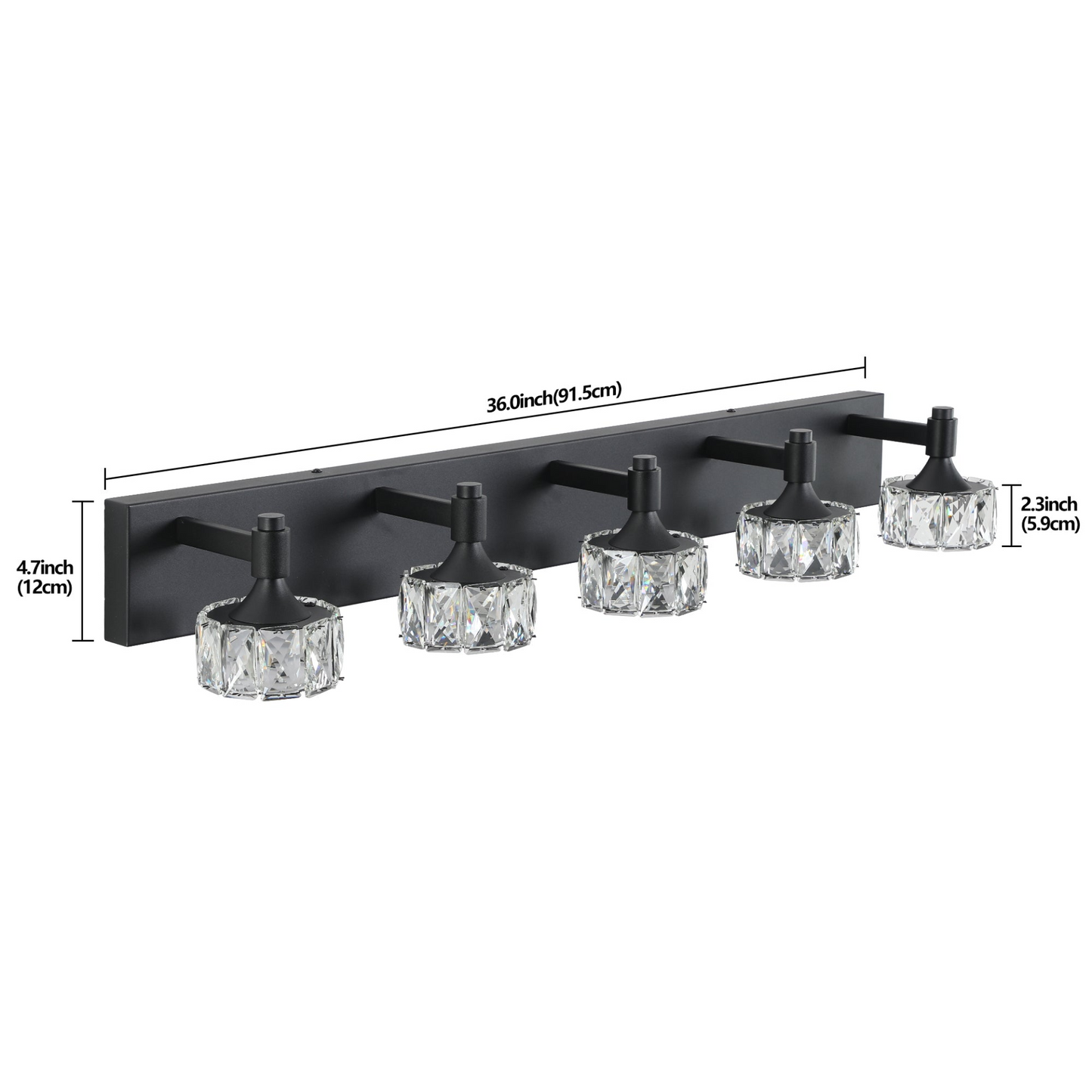 Modern 5-Light Matte Black LED Vanity Light Fixture with Crystal Glass Shades, Bathroom Wall Sconce for Elegant and Contemporary Home Decor