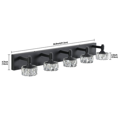 Modern 5-Light Matte Black LED Vanity Light Fixture with Crystal Glass Shades, Bathroom Wall Sconce for Elegant and Contemporary Home Decor