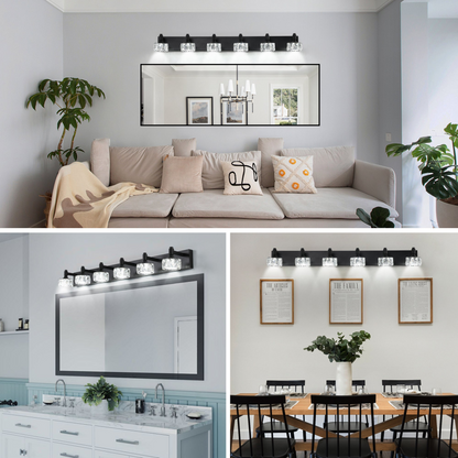 Modern 6-Light Matte Black LED Vanity Light Fixture with Crystal Glass Shades, Bathroom Wall Sconce for Elegant and Contemporary Home Decor