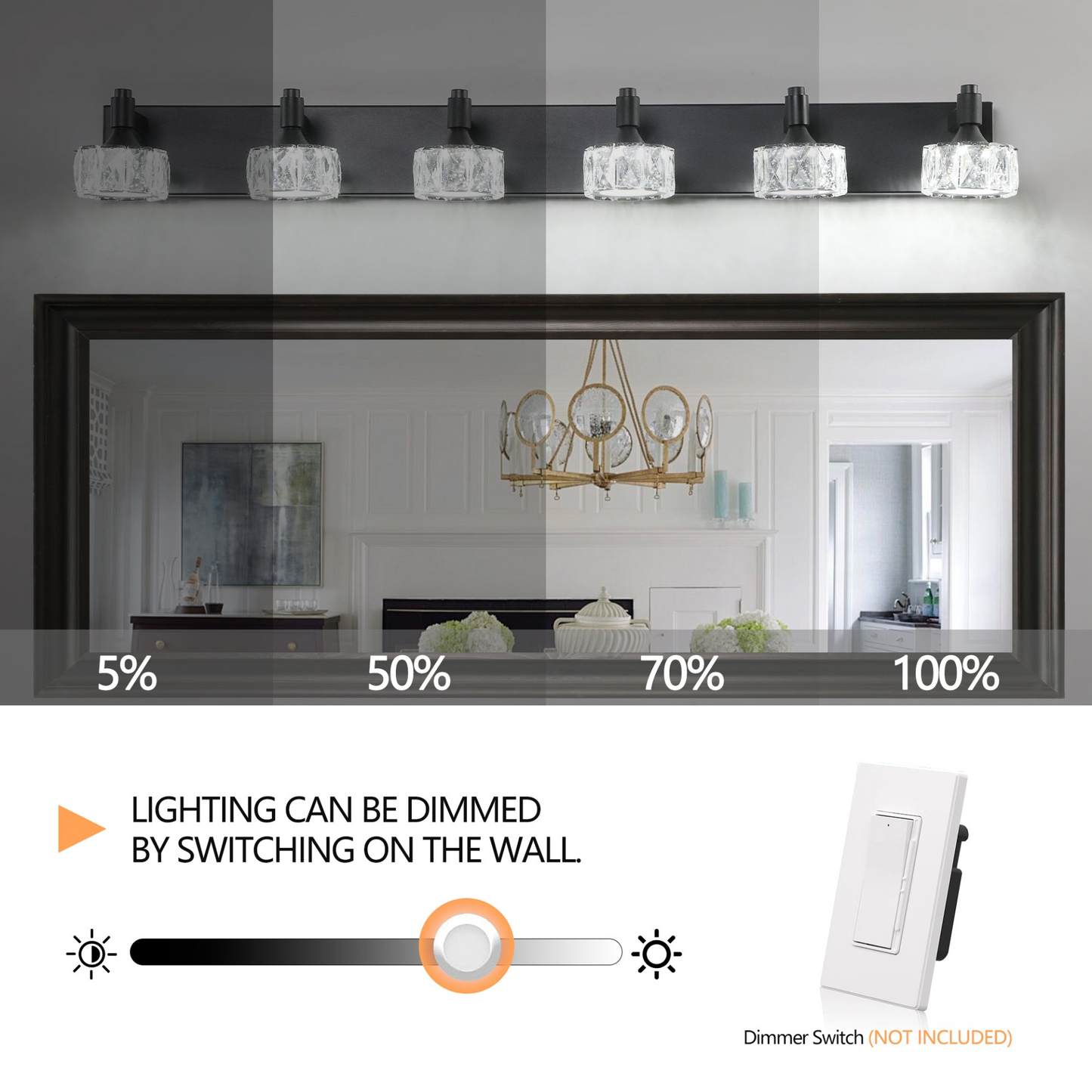 Modern 6-Light Matte Black LED Vanity Light Fixture with Crystal Glass Shades, Bathroom Wall Sconce for Elegant and Contemporary Home Decor