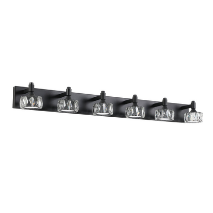 Modern 6-Light Matte Black LED Vanity Light Fixture with Crystal Glass Shades, Bathroom Wall Sconce for Elegant and Contemporary Home Decor