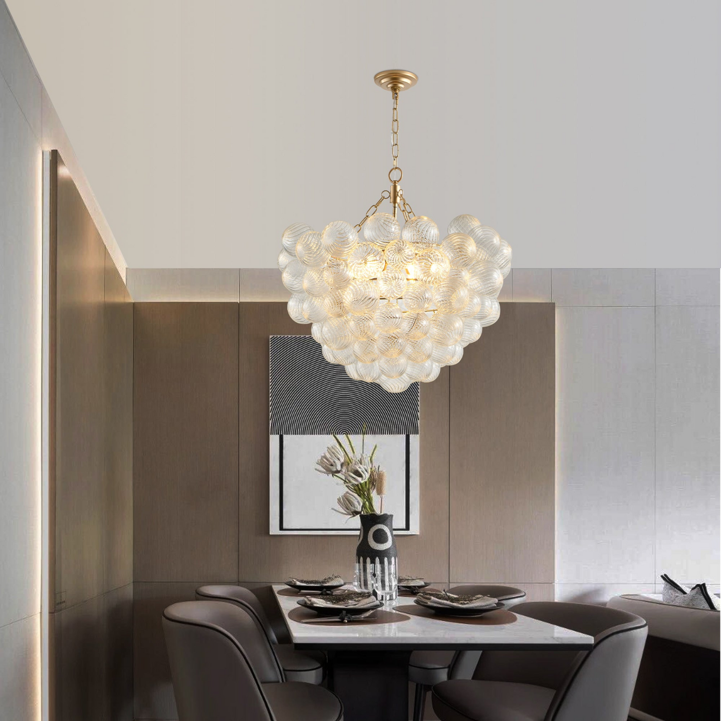 23.6-Inch Gold Pendant Light Chandelier with Threaded Clear Glass Globe Shade – Adjustable Height, Ideal for Living Room, Dining Room, Kitchen (No Bulbs)
