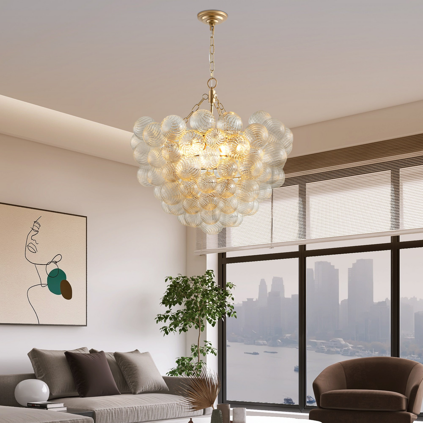 23.6-Inch Gold Pendant Light Chandelier with Threaded Clear Glass Globe Shade – Adjustable Height, Ideal for Living Room, Dining Room, Kitchen (No Bulbs)