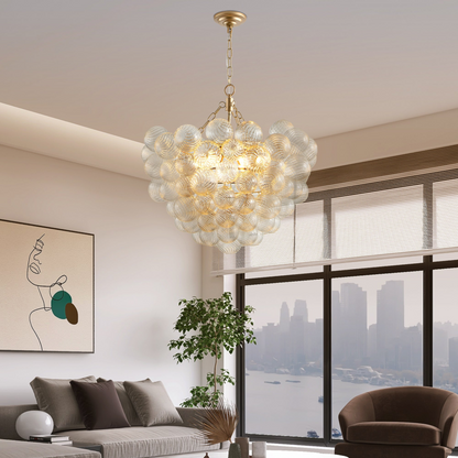 23.6-Inch Gold Pendant Light Chandelier with Threaded Clear Glass Globe Shade – Adjustable Height, Ideal for Living Room, Dining Room, Kitchen (No Bulbs)