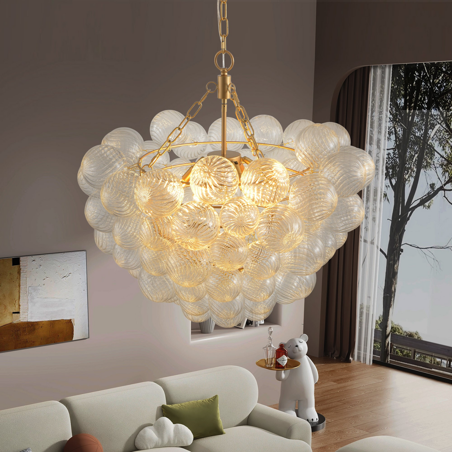 23.6-Inch Gold Pendant Light Chandelier with Threaded Clear Glass Globe Shade – Adjustable Height, Ideal for Living Room, Dining Room, Kitchen (No Bulbs)