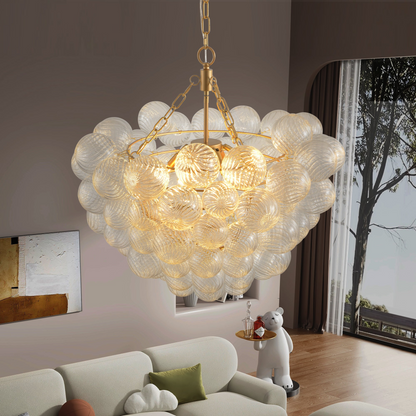 23.6-Inch Gold Pendant Light Chandelier with Threaded Clear Glass Globe Shade – Adjustable Height, Ideal for Living Room, Dining Room, Kitchen (No Bulbs)