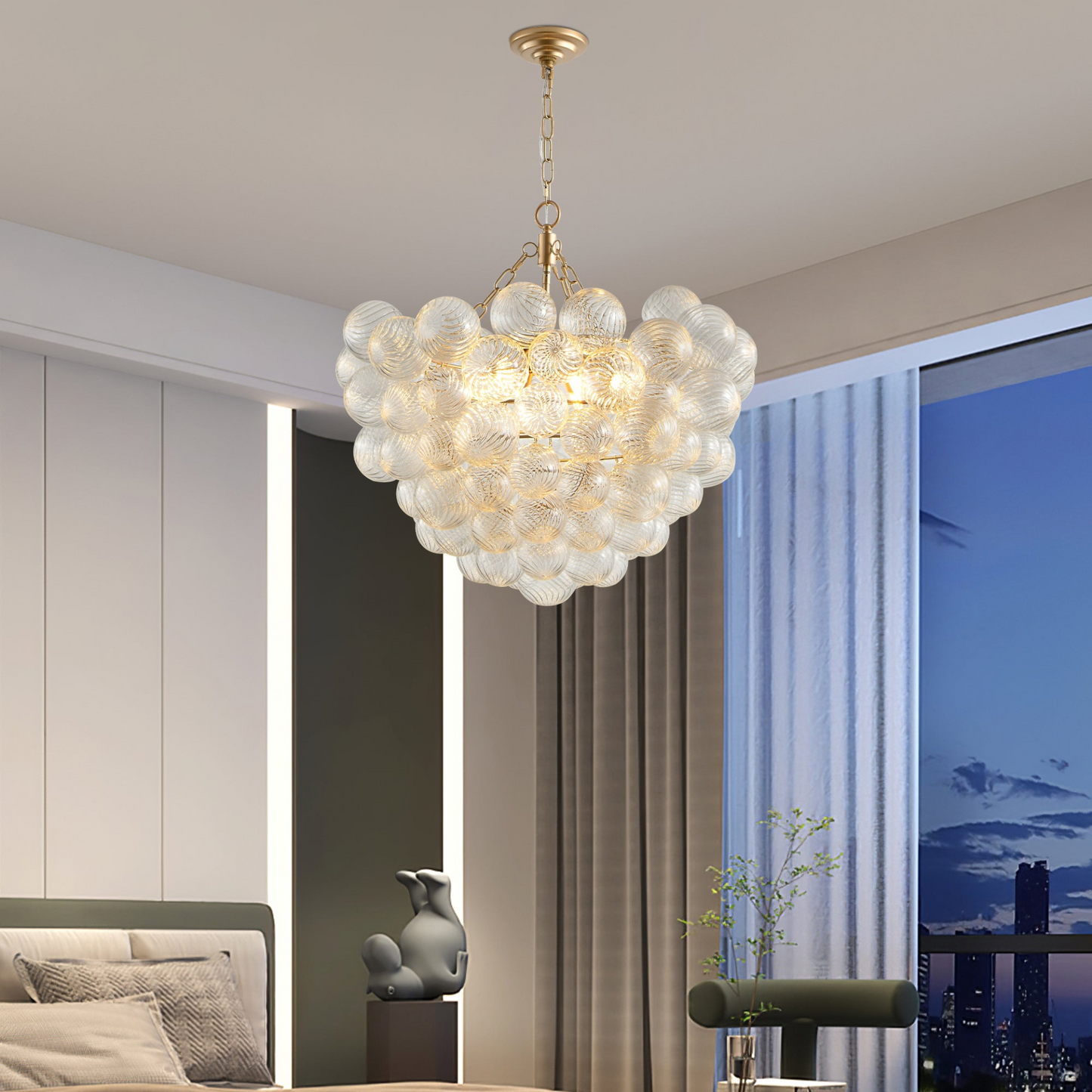 23.6-Inch Gold Pendant Light Chandelier with Threaded Clear Glass Globe Shade – Adjustable Height, Ideal for Living Room, Dining Room, Kitchen (No Bulbs)