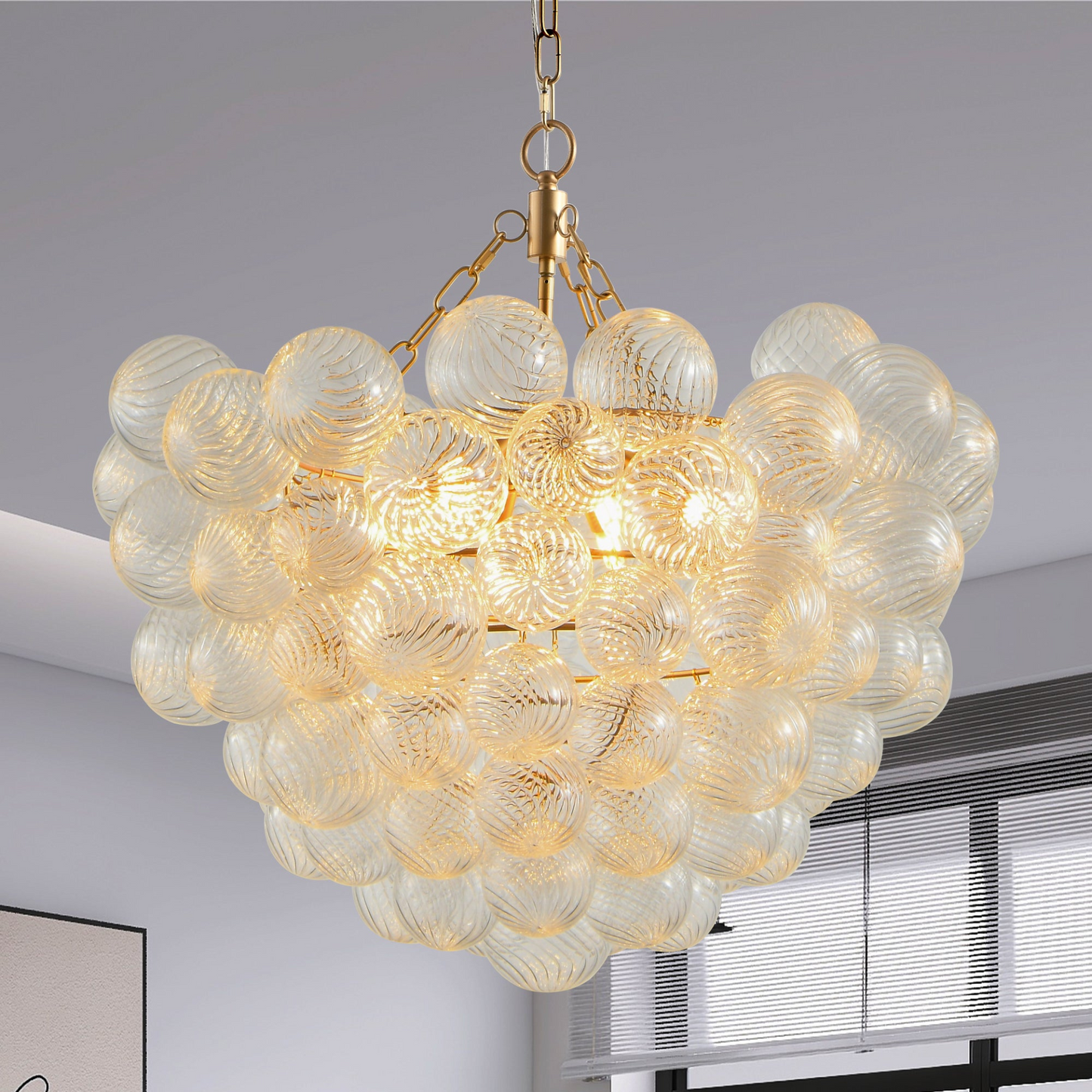 23.6-Inch Gold Pendant Light Chandelier with Threaded Clear Glass Globe Shade – Adjustable Height, Ideal for Living Room, Dining Room, Kitchen (No Bulbs)