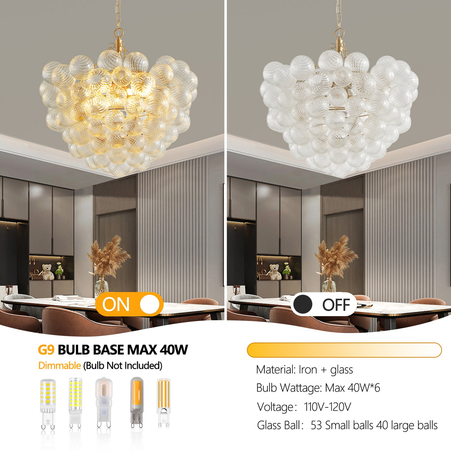 23.6-Inch Gold Pendant Light Chandelier with Threaded Clear Glass Globe Shade – Adjustable Height, Ideal for Living Room, Dining Room, Kitchen (No Bulbs)