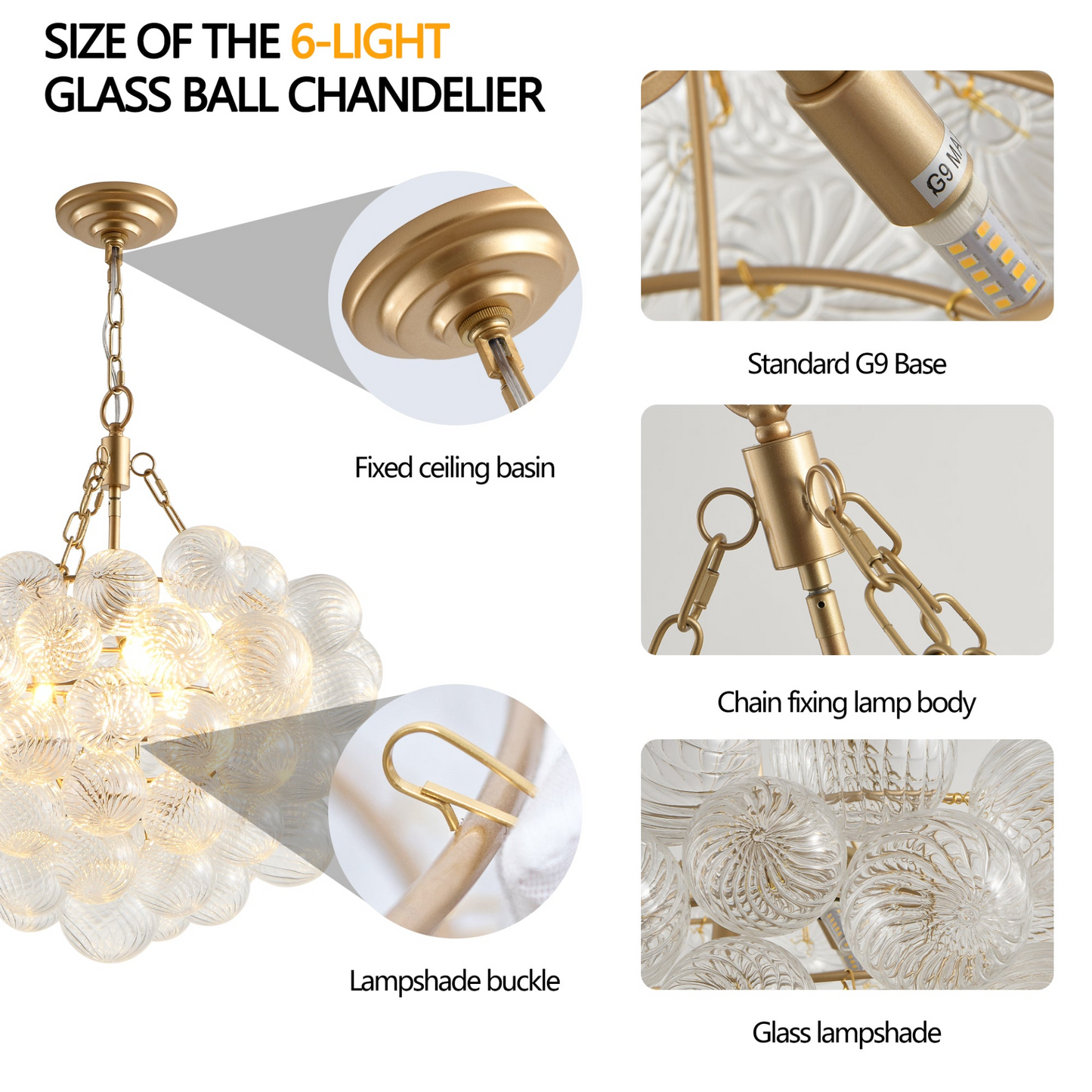 23.6-Inch Gold Pendant Light Chandelier with Threaded Clear Glass Globe Shade – Adjustable Height, Ideal for Living Room, Dining Room, Kitchen (No Bulbs)