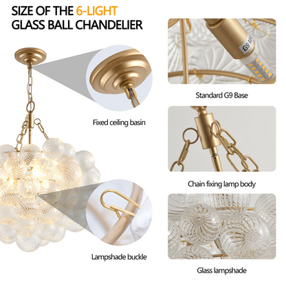 23.6-Inch Gold Pendant Light Chandelier with Threaded Clear Glass Globe Shade – Adjustable Height, Ideal for Living Room, Dining Room, Kitchen (No Bulbs)