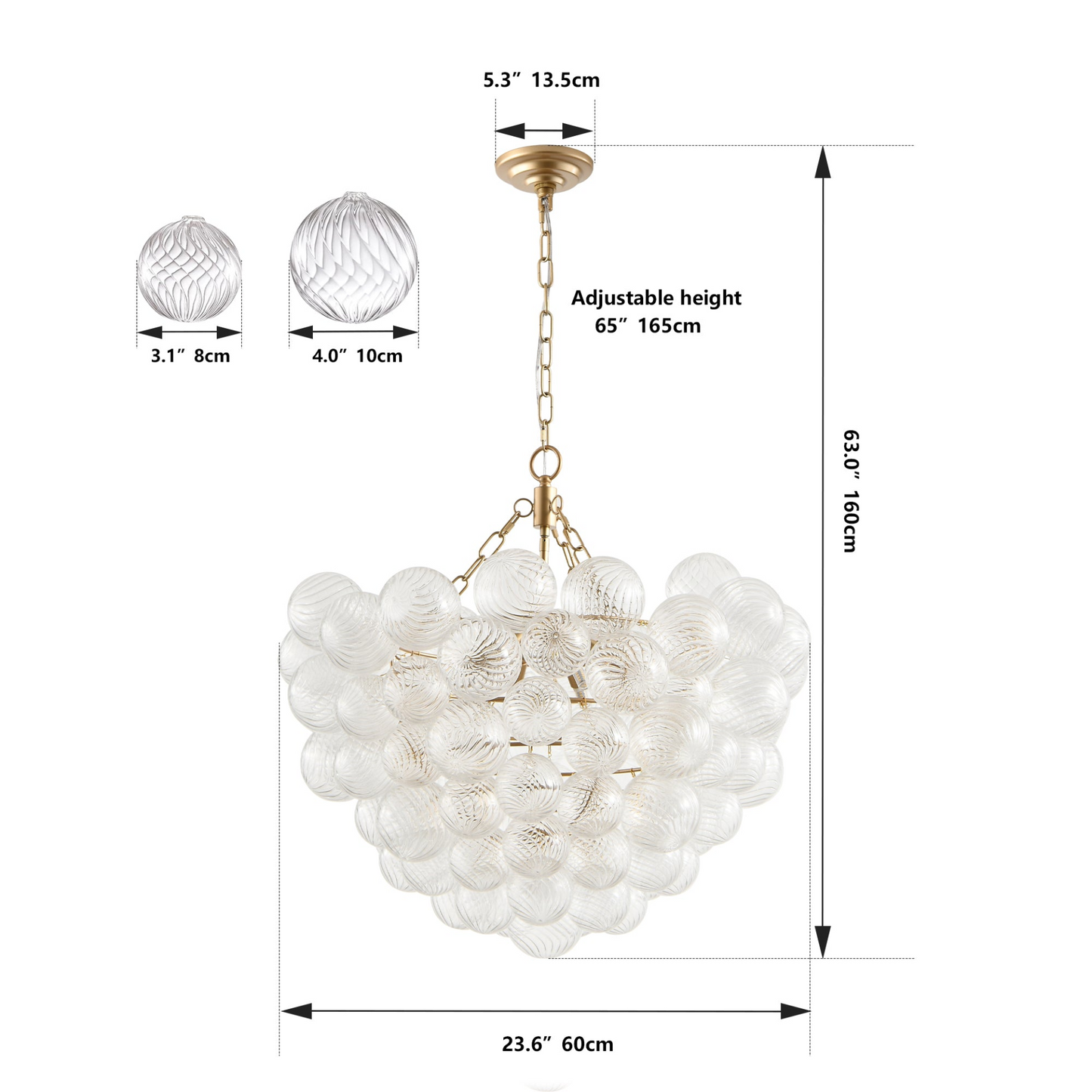 23.6-Inch Gold Pendant Light Chandelier with Threaded Clear Glass Globe Shade – Adjustable Height, Ideal for Living Room, Dining Room, Kitchen (No Bulbs)