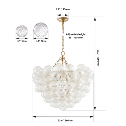 23.6-Inch Gold Pendant Light Chandelier with Threaded Clear Glass Globe Shade – Adjustable Height, Ideal for Living Room, Dining Room, Kitchen (No Bulbs)