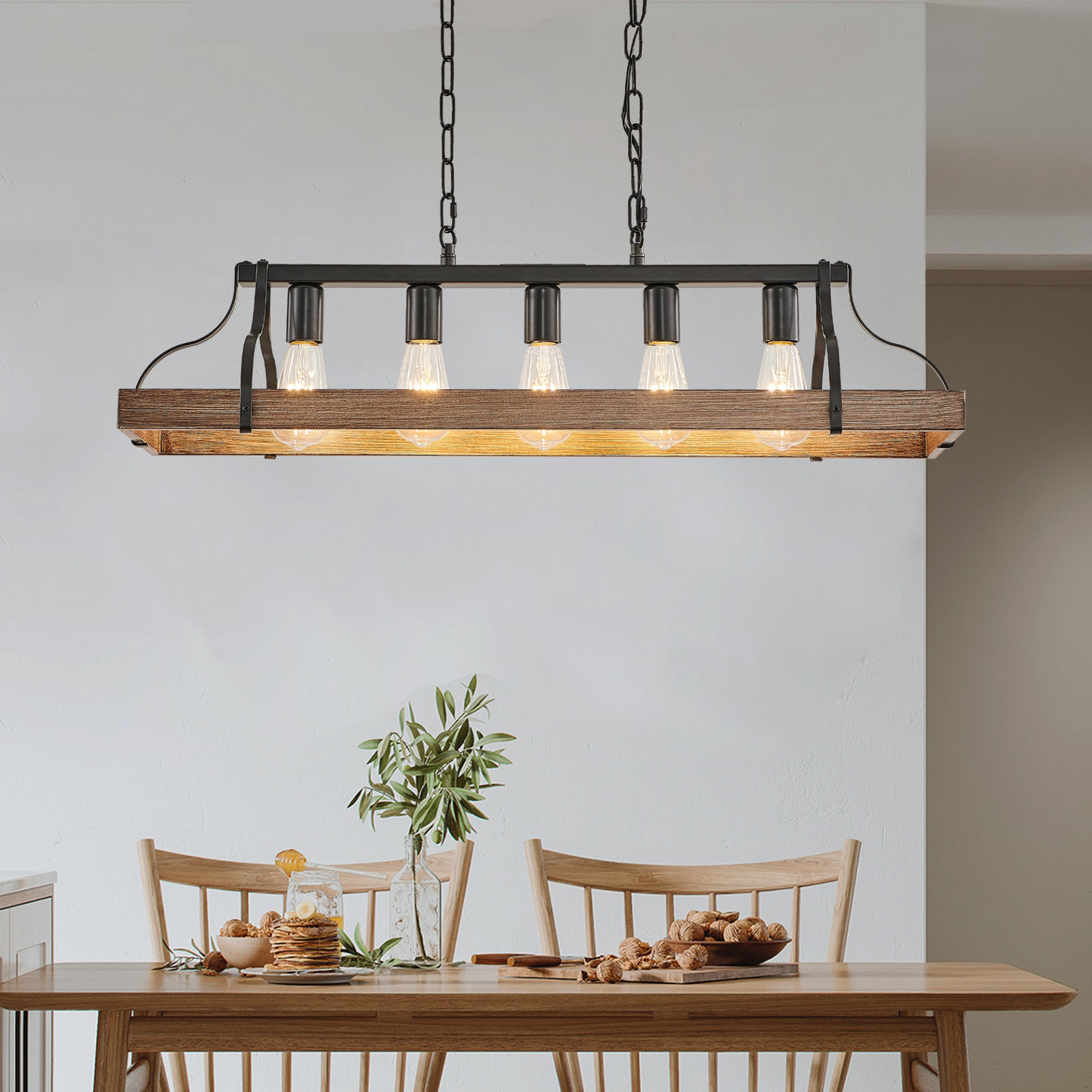 33.7-Inch Black and Faux Wood Grain Pendant Light, 5 E26 Bulb Sockets, Adjustable Chain Height – Modern Farmhouse Chandelier for Dining Room, Kitchen, or Living Room (Bulb Not Included)