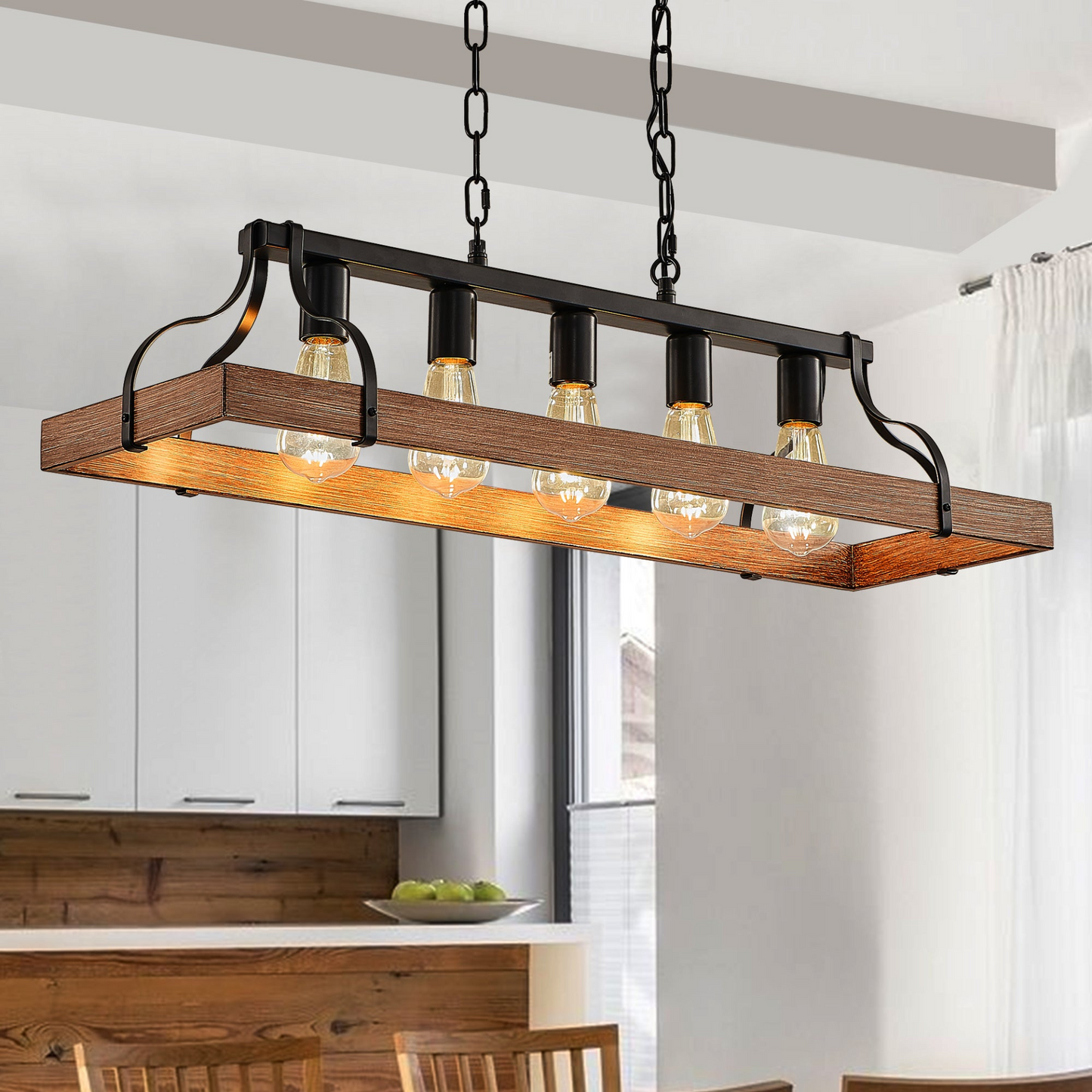 33.7-Inch Black and Faux Wood Grain Pendant Light, 5 E26 Bulb Sockets, Adjustable Chain Height – Modern Farmhouse Chandelier for Dining Room, Kitchen, or Living Room (Bulb Not Included)