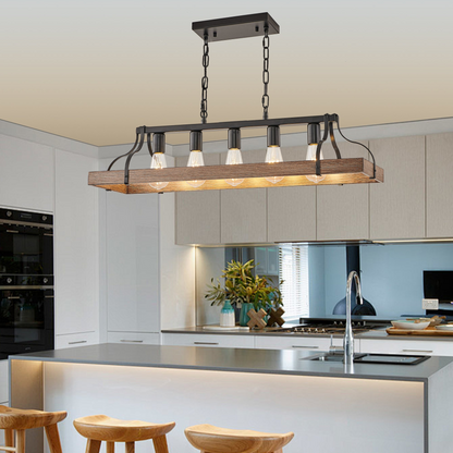33.7-Inch Black and Faux Wood Grain Pendant Light, 5 E26 Bulb Sockets, Adjustable Chain Height – Modern Farmhouse Chandelier for Dining Room, Kitchen, or Living Room (Bulb Not Included)