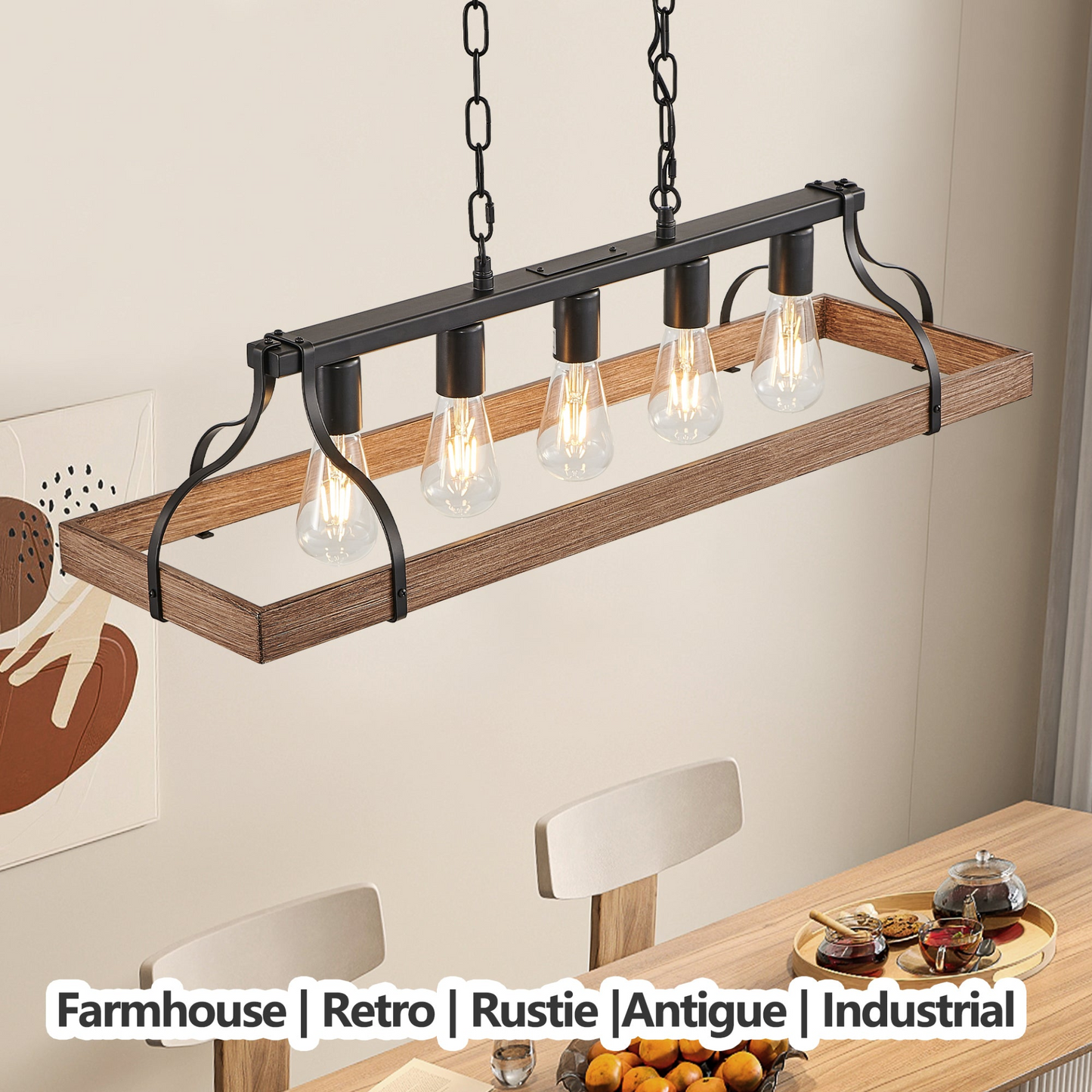 33.7-Inch Black and Faux Wood Grain Pendant Light, 5 E26 Bulb Sockets, Adjustable Chain Height – Modern Farmhouse Chandelier for Dining Room, Kitchen, or Living Room (Bulb Not Included)