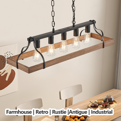 33.7-Inch Black and Faux Wood Grain Pendant Light, 5 E26 Bulb Sockets, Adjustable Chain Height – Modern Farmhouse Chandelier for Dining Room, Kitchen, or Living Room (Bulb Not Included)
