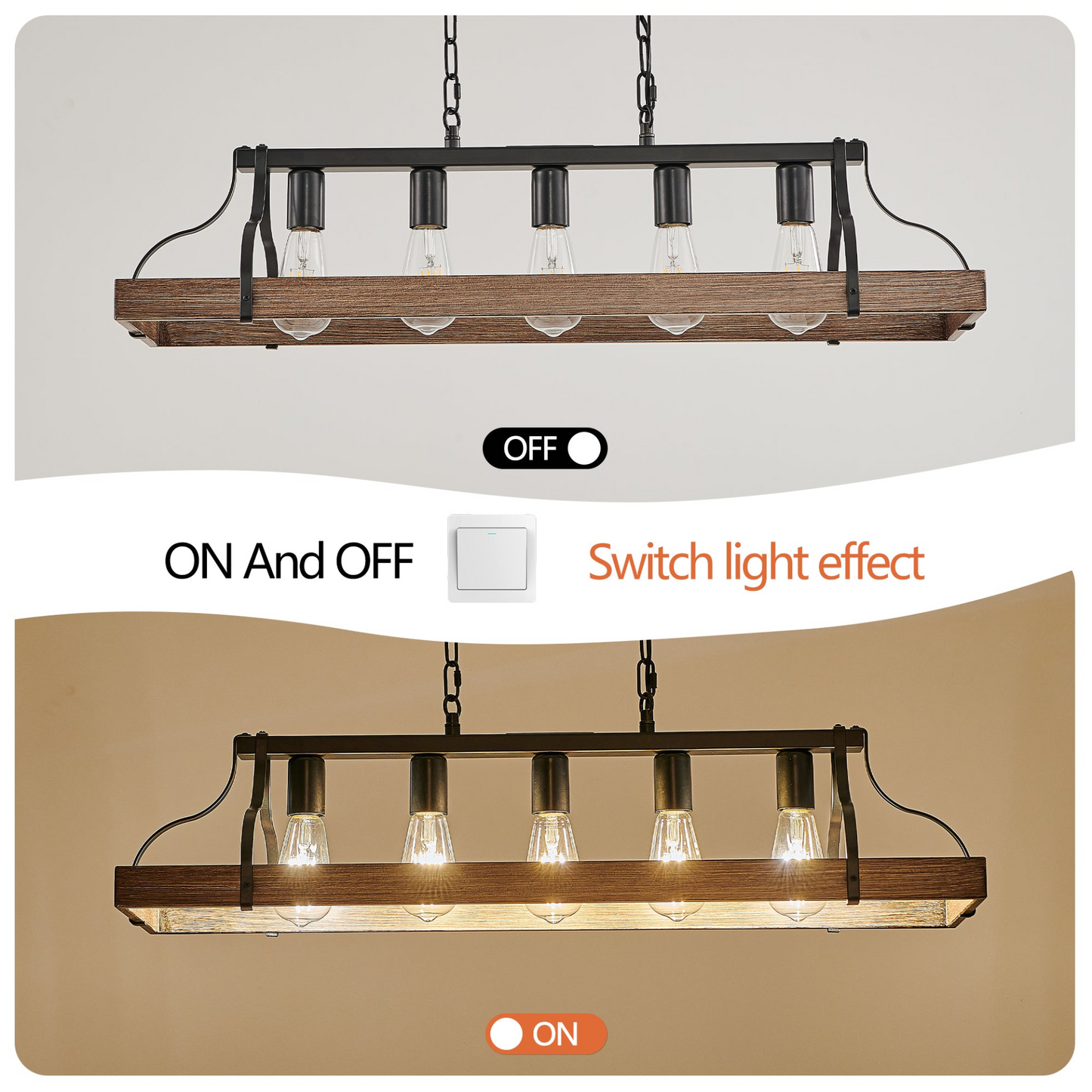 33.7-Inch Black and Faux Wood Grain Pendant Light, 5 E26 Bulb Sockets, Adjustable Chain Height – Modern Farmhouse Chandelier for Dining Room, Kitchen, or Living Room (Bulb Not Included)