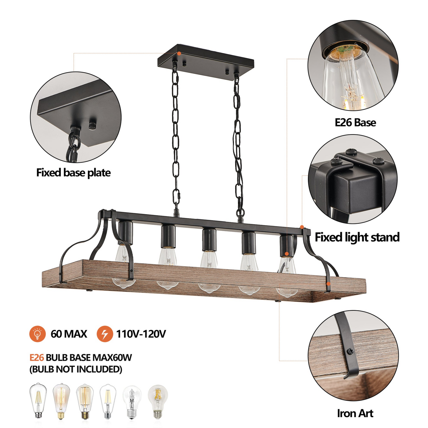 33.7-Inch Black and Faux Wood Grain Pendant Light, 5 E26 Bulb Sockets, Adjustable Chain Height – Modern Farmhouse Chandelier for Dining Room, Kitchen, or Living Room (Bulb Not Included)