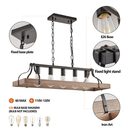 33.7-Inch Black and Faux Wood Grain Pendant Light, 5 E26 Bulb Sockets, Adjustable Chain Height – Modern Farmhouse Chandelier for Dining Room, Kitchen, or Living Room (Bulb Not Included)