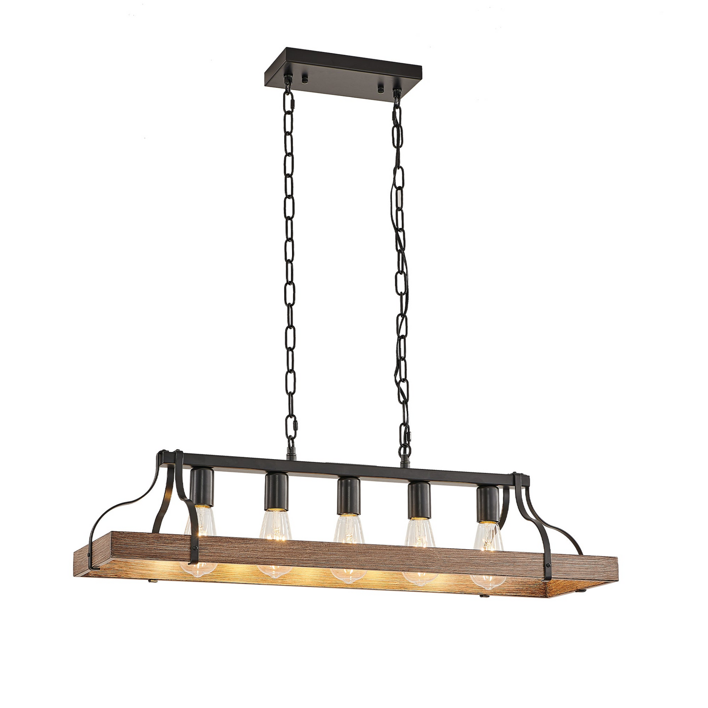 33.7-Inch Black and Faux Wood Grain Pendant Light, 5 E26 Bulb Sockets, Adjustable Chain Height – Modern Farmhouse Chandelier for Dining Room, Kitchen, or Living Room (Bulb Not Included)