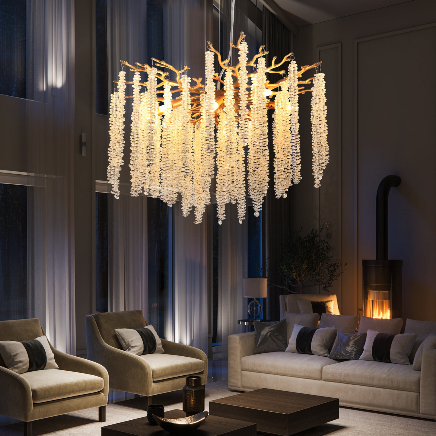23.6-inch Modern Golden Pendant Light with Cascading Crystal Strands, Ideal for Living Room, Dining Room and Foyer, High-End Decorative Lighting Fixture (Bulb Not Included)