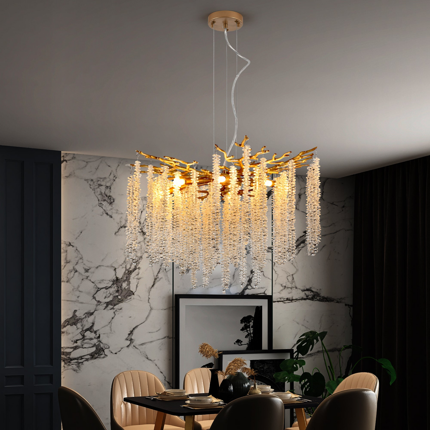 23.6-inch Modern Golden Pendant Light with Cascading Crystal Strands, Ideal for Living Room, Dining Room and Foyer, High-End Decorative Lighting Fixture (Bulb Not Included)