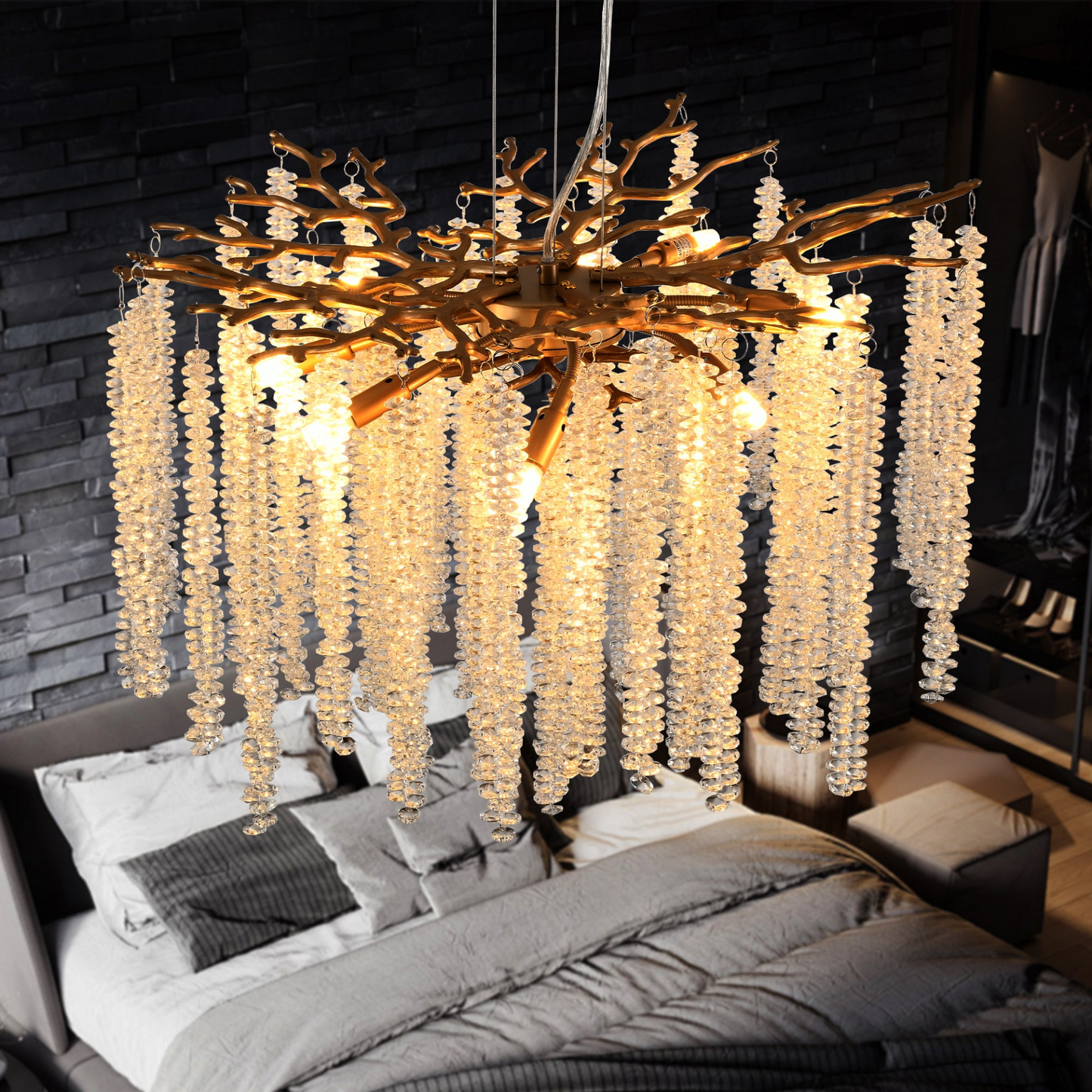 23.6-inch Modern Golden Pendant Light with Cascading Crystal Strands, Ideal for Living Room, Dining Room and Foyer, High-End Decorative Lighting Fixture (Bulb Not Included)